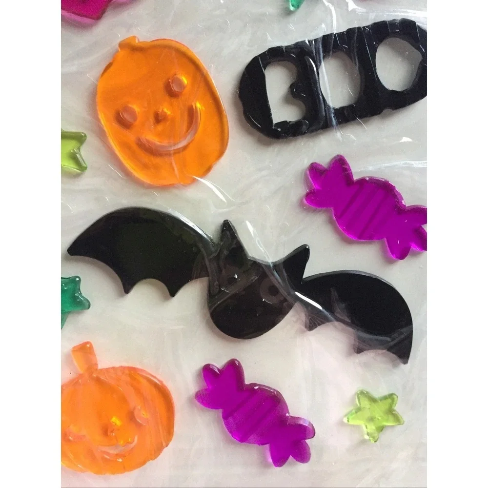 NEW HALLOWEEN15 pc Window Gel Clings‎ BOO Cat Bat Candy Pumpkins Skull Spider!